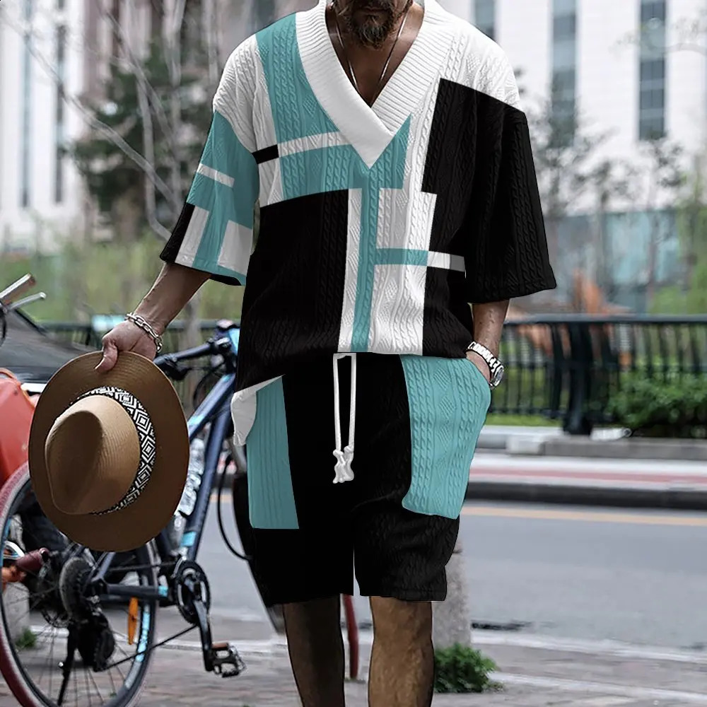 2024 Summer 3D Imprimer la taille lâche style décontracté plus Vneck Knit Mens Suit Shorts Twopiece Set Y240820