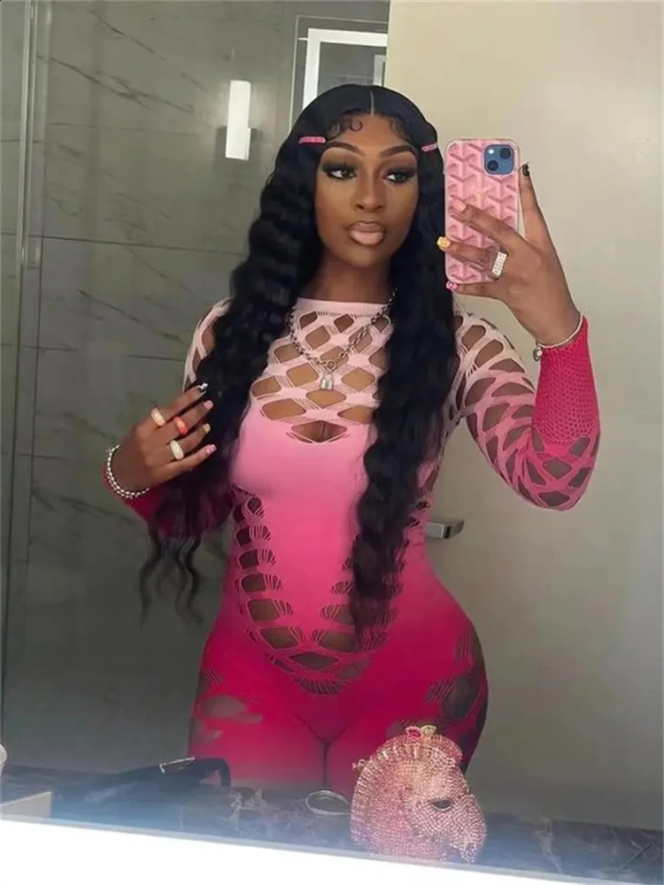 Strange cat hollow gradient color Playsuits womens summer sexy See Through long sleeved girl party clothing tight jumpsuit 240820