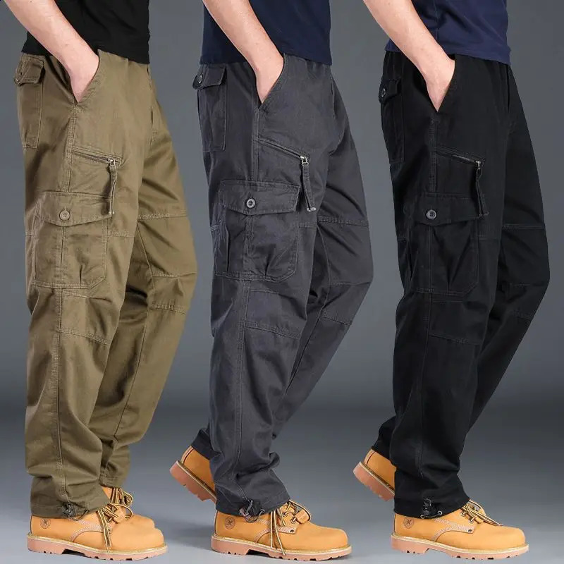 Mens Casual Cargo Pants Zipper Multi-Pocket Tactical Army Straight Loose Trousers Male Overalls Elastic Waist Pants 240819