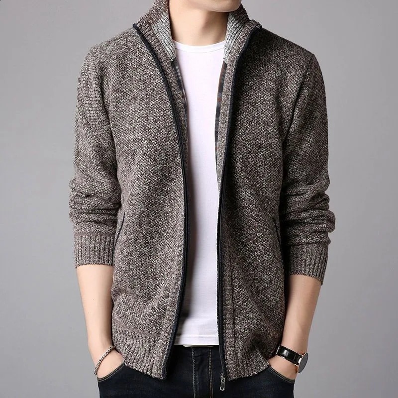autumn and winter fashionable plush long sleeved stand up collar zipper casual mens knitted cardigan 240820