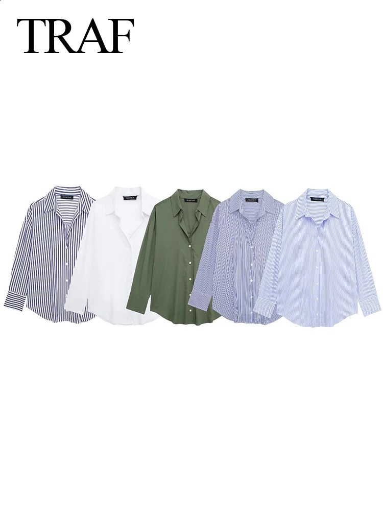 TRAF womens casual striped printed V-neck shirt long sleeved oversized office womens shirt fashionable 2024 spring/summer top 240820