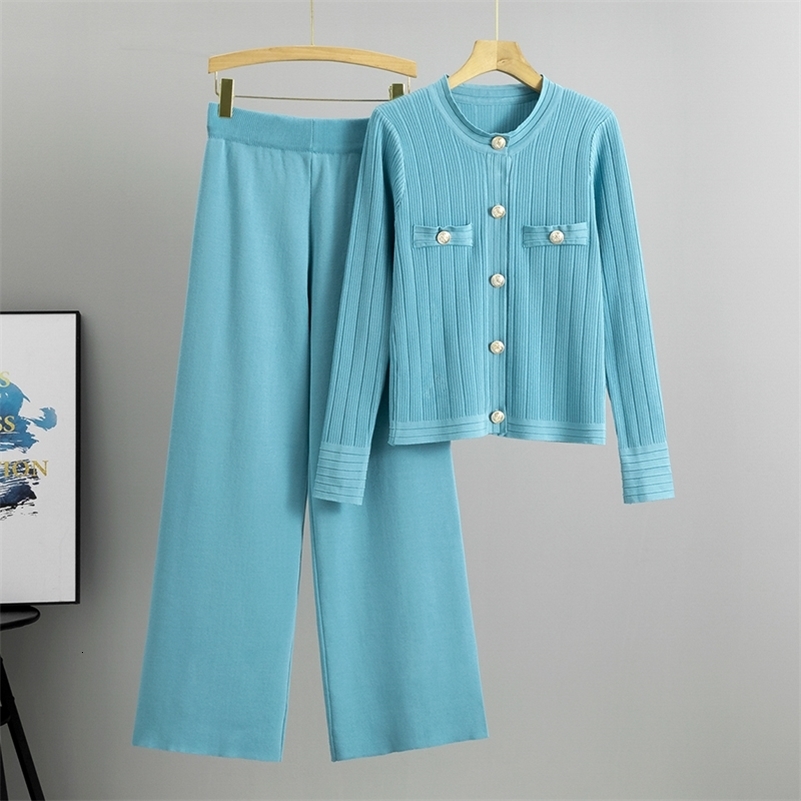 Spring Autumn Women Fashion O Neck Knitted Two Piece Set Knitted Cardigan Top And Wide Leg Pants Tracksuits 240819