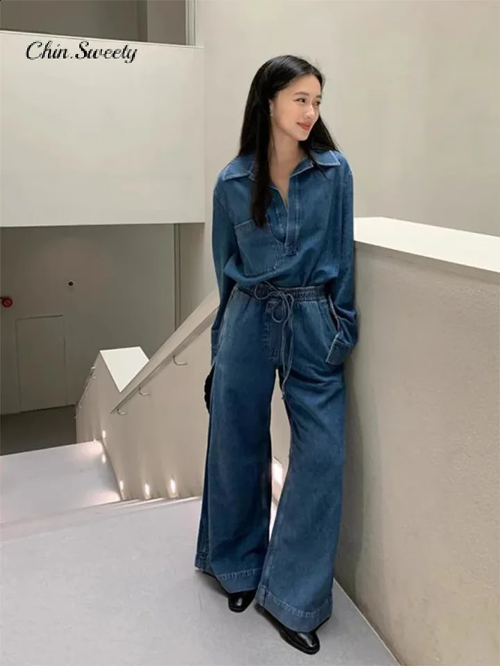 Elegant pants womens denim 2-piece set fashionable long sleeved lapel top brushed wide mens 2024 autumn womens set 240821