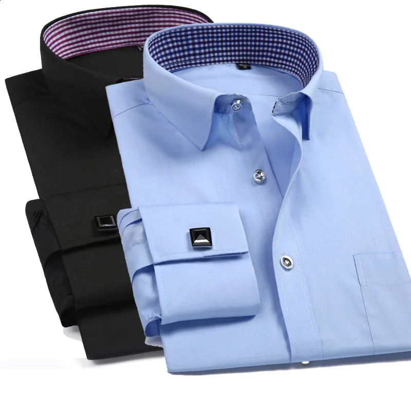 Mens French Cuff Dress Shirt White Long Sleeve Formal Business Buttons Male Shirts Regular Fit Cufflinks Shirt M~6XL 240820