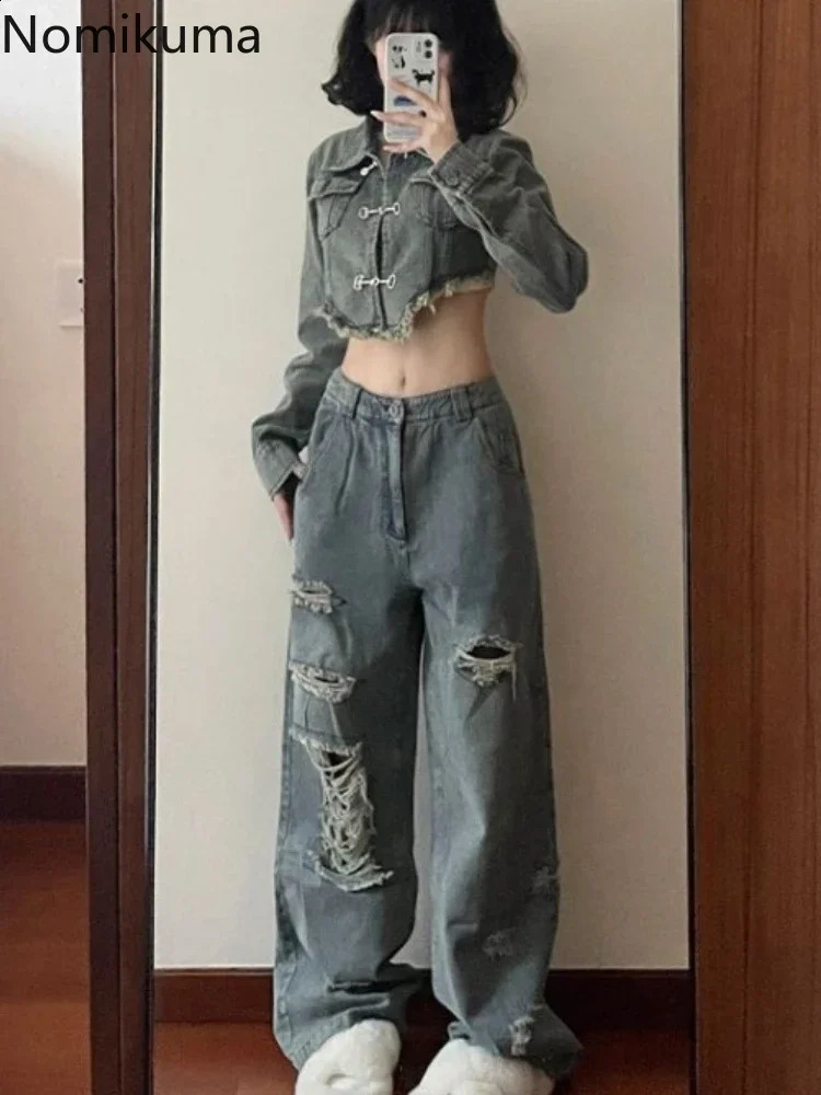 Harajuku two-piece womens long sleeved crop jacket high waisted hole wide leg pants set casual and fashionable Y2k set 240821