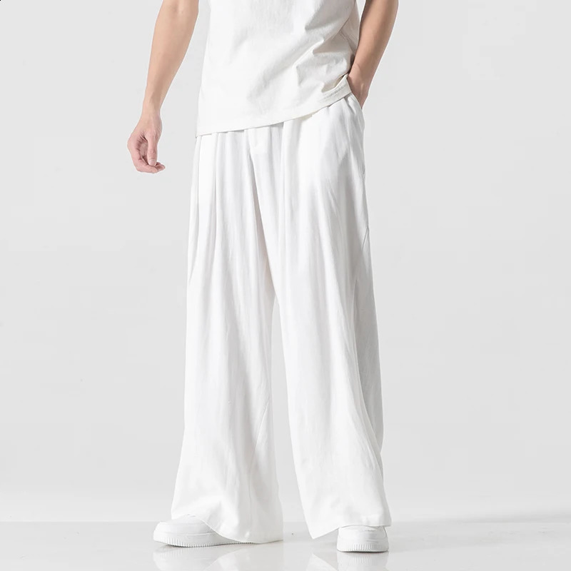 Large Size Mens Wide Leg Cotton Linen Pants Korean Style Solid Color Unisex Trousers Casual Baggy Male Pants 5XL 240820