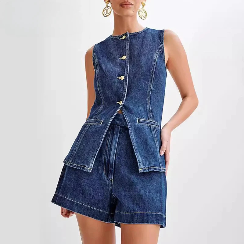 Ensemble en deux pièces pour femmes en bassins NECK SECHED DENIM Ensemble en deux pièces 2024 Été Set Office Vacation Top 240821
