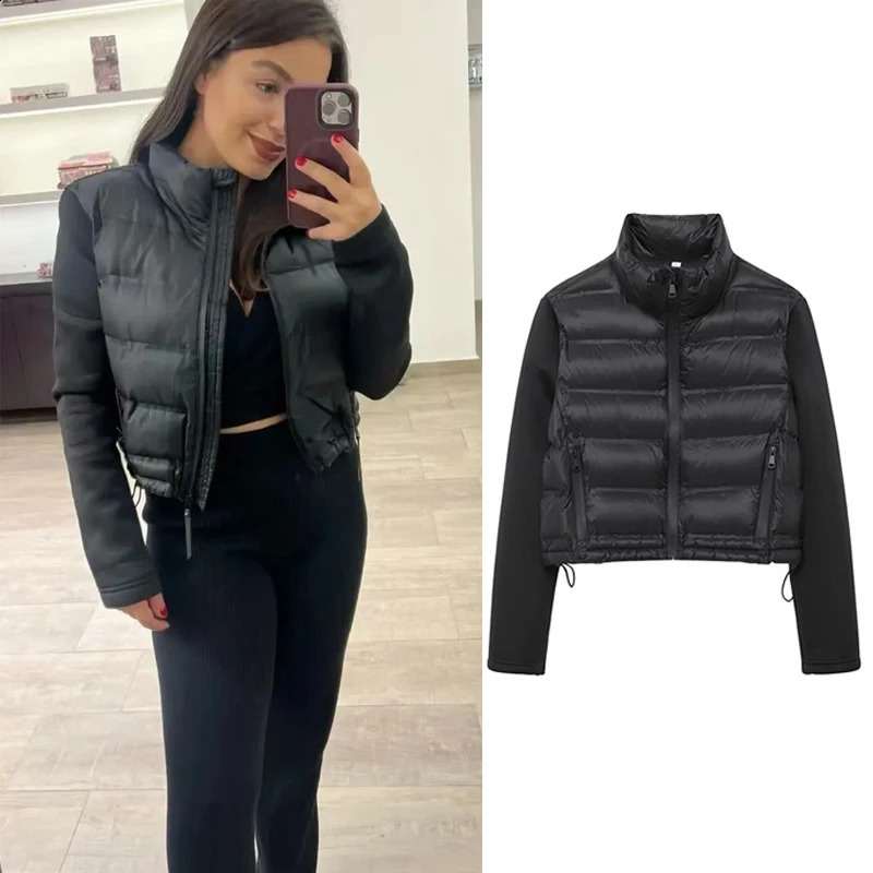 greatguy Womens standup collar zipper Black splicing cotton jacket Female Autumn Fashion Short Coat Chic Outerwear 240821