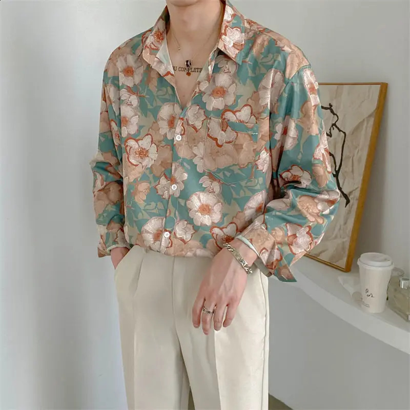 Fashion Streetwear Korean Printing Loose Turn-down Collar Man Long Sleeve Mens Clothing Button Spring Summer Thin Shirts Tops 240820