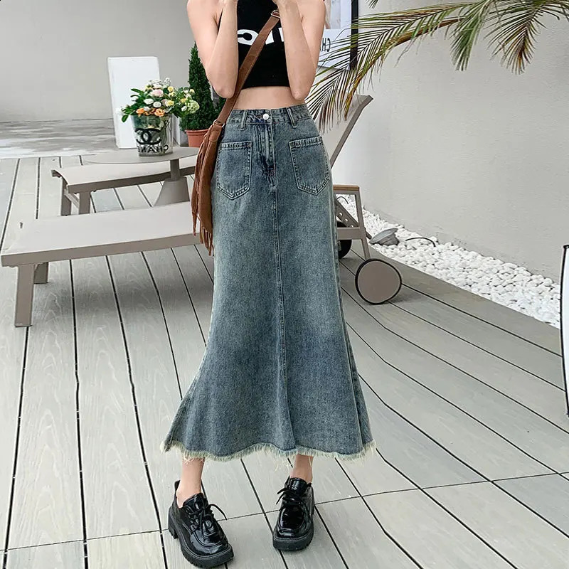 Poches hautes taille rétro Hip Trumpette sirène sirène denim midi jupe longue vintage y2k jupe à plaid féminine femmes bases d'automne robe 24082