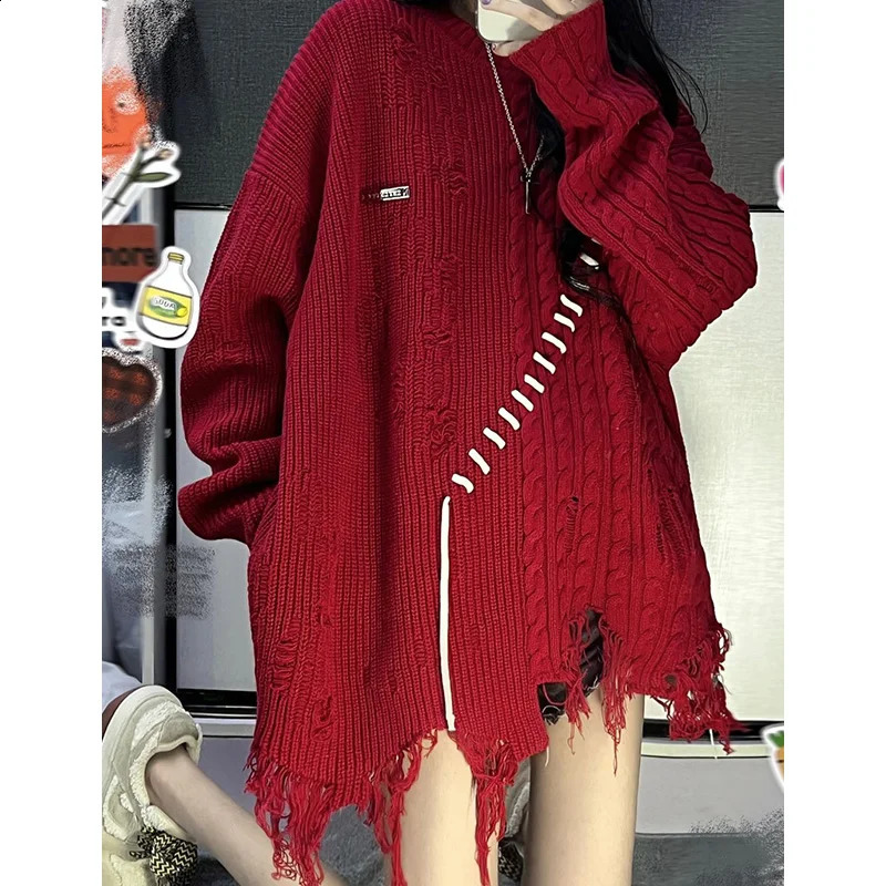 Femmes Red Pullover Sweater Harajuku esthétique Y2k grande taille à manches longues pulls mode Vintage 2000 Vêtements 240820