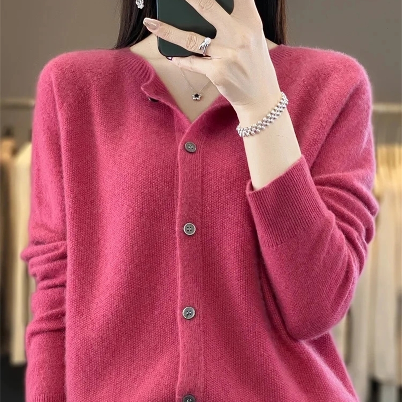 Chic Autumn Winter O-neck Grace Cardigan Sweater 100% Merino Wool Solid Cashmere Knitted Female Clothing Basic Tops 240820
