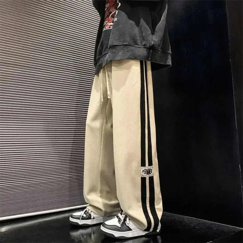 Korean Spring Simple Retro Track Pants Fashion Y2k Mens Pants Loose Hip Hop Street High Waist Wide Leg Track Pants Men Clothing 240820