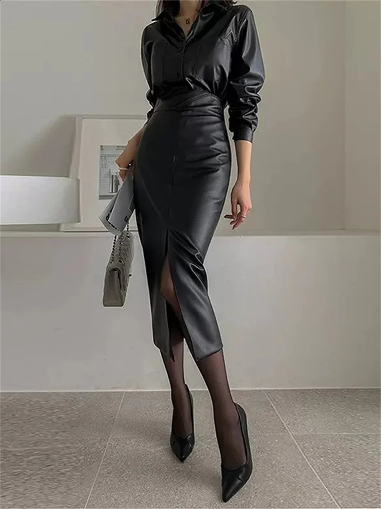 Tossy PU High Waist Patchwork Long Skirt Female Casual High Split Solid Fashion Elegant Streetwear Bodycon Summer Maxi Skirt 240820