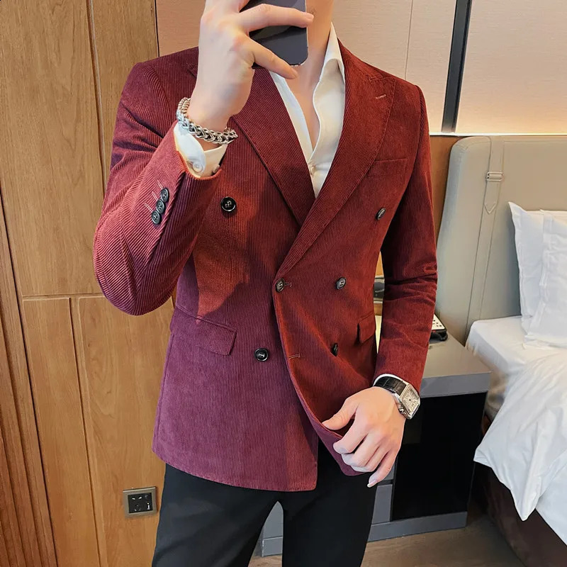 Plus Size 4XL-M Double Chest Corduroy Mens Jacket 2024 Business Ultra Thin Fit Casual Stripe Set Coats Formal 240821
