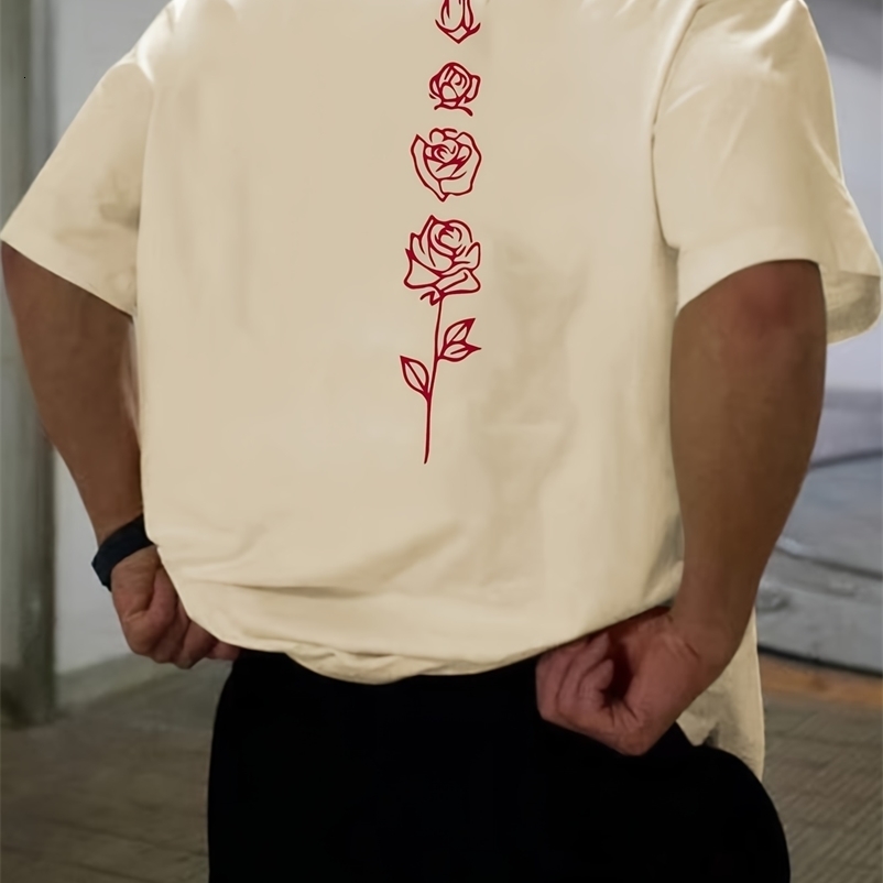 Mens Summer Loose Fit 100 Cotton Rose pattern Print Tshirt Tops y240820