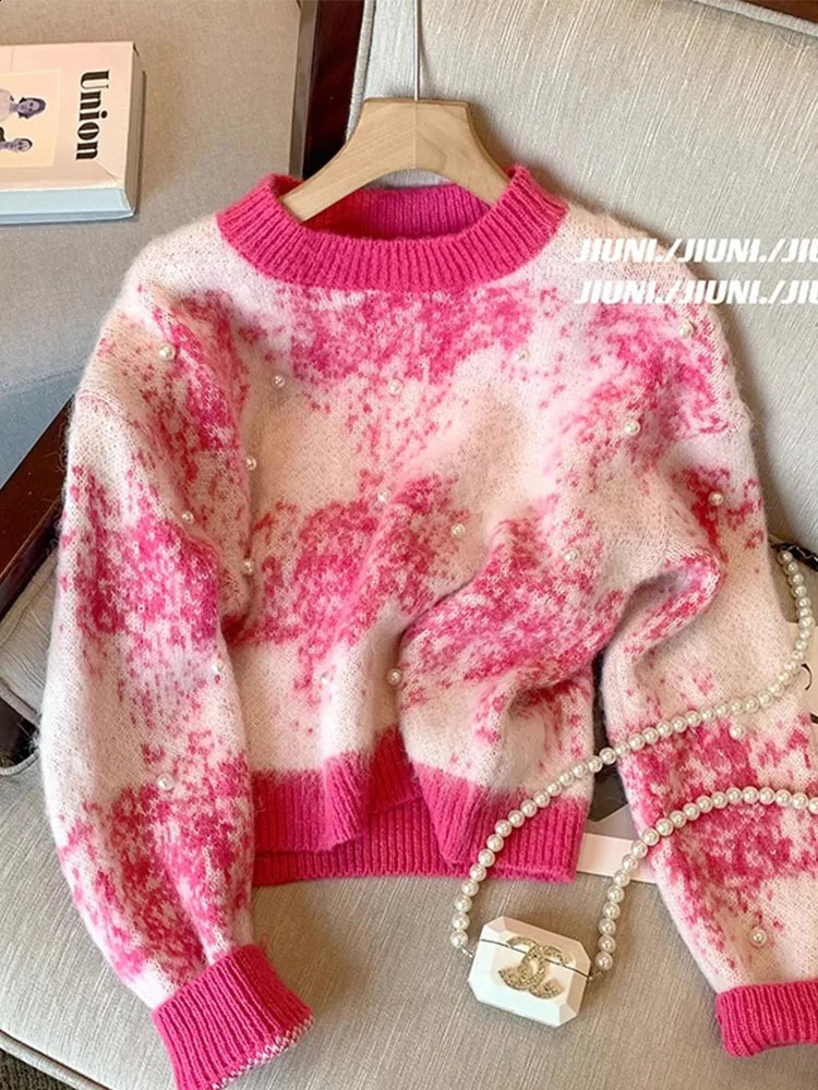 Harajuku Tie Dyed Knitted Jumper Elegant Women Long Sleeve Autumn Winter Sweet Sweater Korean Chic Pearl Pullovers High Quality 240820