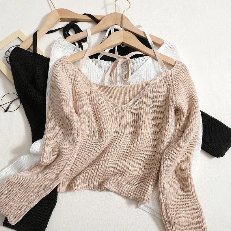 AutumnThin Sweater Pullover Sexy V-Neck Halter Knitwear Womens Slim Long Sleeve Knitted Korean Casual Short Tops 240820