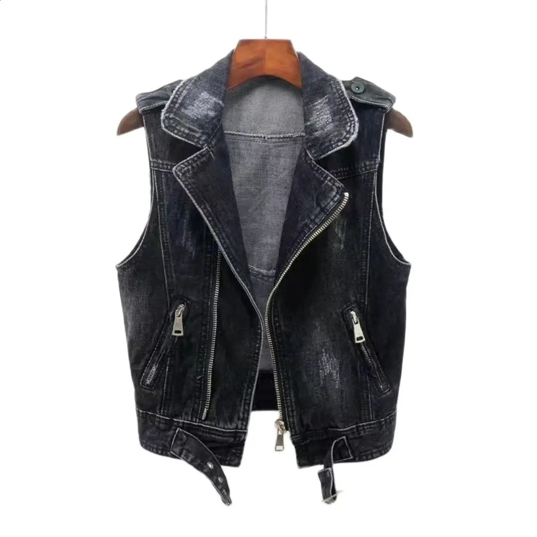Spring Jean vest womens casual denim jacket ultra-thin motorcycle short jacket fashionable autumn sleeveless wild top gray vest hole 240821