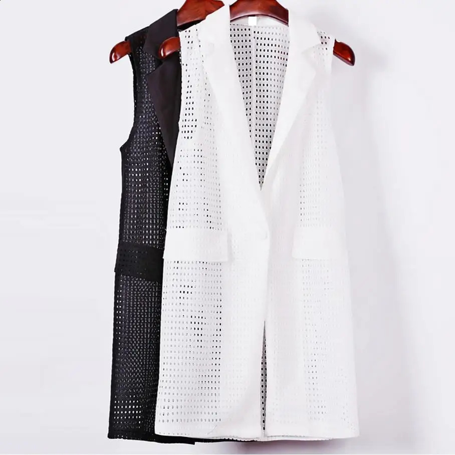 Womens white black long vest European sleeveless jacket back panel jacket casual top Roupa womens 240821