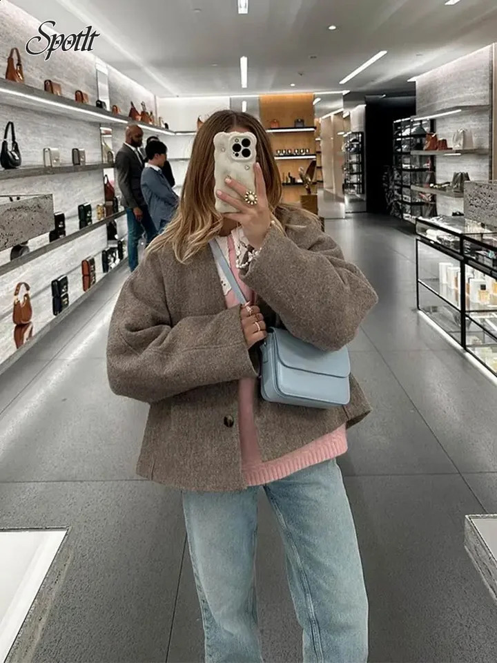 Womens Fashion V Neck Warm Coat Elegant Button Long Sleeve Pocket Loose Jacket Female Casual Fall Winter High Street Outerwear 240813