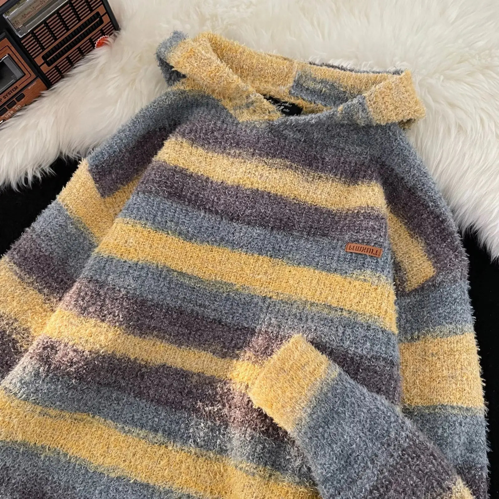 Stripe Hooded Mens Winter Sweater Mens Hoodies Fashion Sweater For Men Pullover Knitted Top Autumn 240821