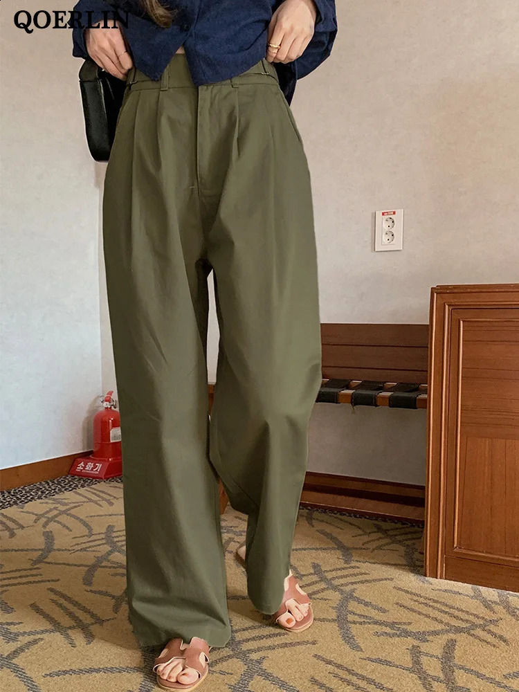 Qoerlin minimalisme Femmes décontractées pantalon pantalon de jambe large pantalon étage droit des femmes pantalons de cargaison féminin abricot