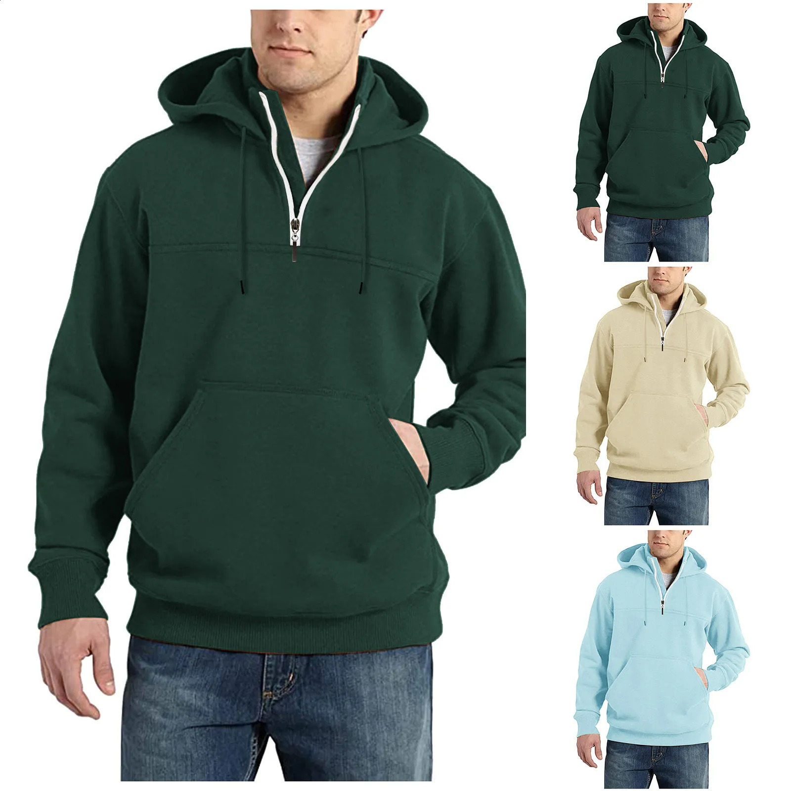 Plain Hoodies With Zipper Mens Autumn Winter Fashion Casual Loose Stitching Solid Color Hooded Sweatshirts Tops Men Clothing 240821