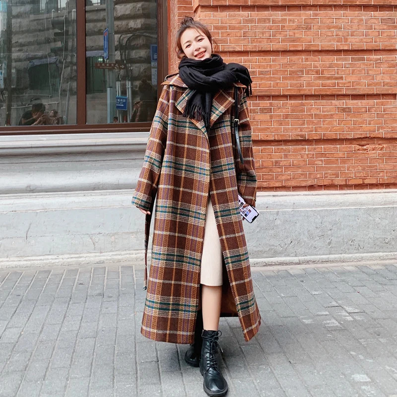 Autumn And Winter Temperament Retro Simple Medium And Long Loose Plaid Belt All-match Woolen Coat Womens Trend 240820