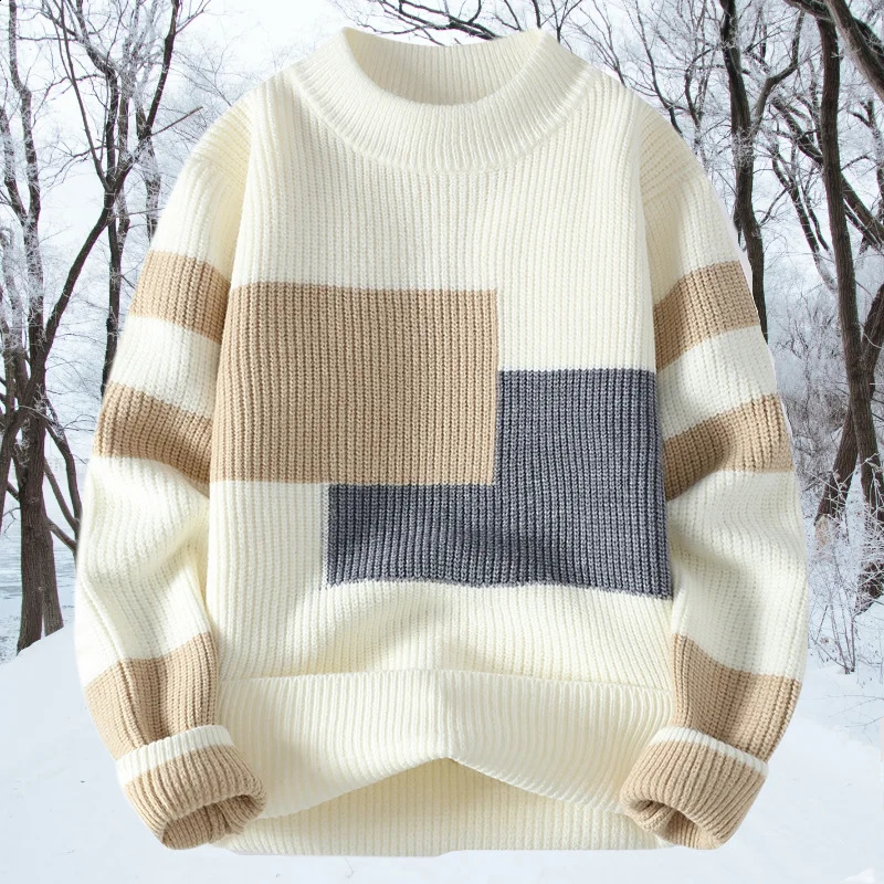 Autumn Mens Block Color Sweater Matching Winter Knitted Sweater Men High-quality Pullover Loose Warm Thick Streetwear Pullovers 240821