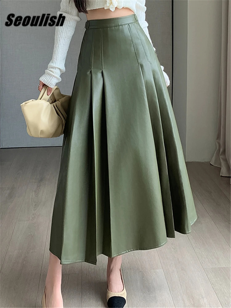 Seoulish Autumn Winter PU Leather Womens Skirt High Waist Solid Color Pleated Female Office Ladies Long Skirts Vintage 240820