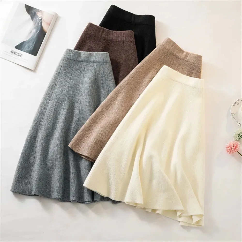 Autumn Knitted Pleated Skirt WomenS Midi Elastic High Waist A-Line Sweater Skirt Female Winter Black Wool Long Mom Skirt 240820