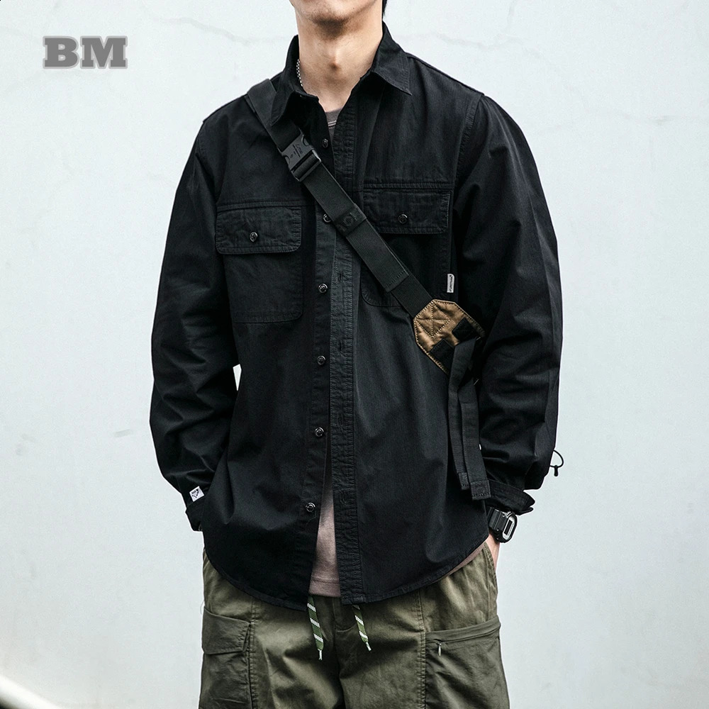 Spring Autumn Korean Loose Casual Long Sleeve Japanese Streetwear Retro Cargo Shirts Harajuku High Quality Black Coat Men 240820
