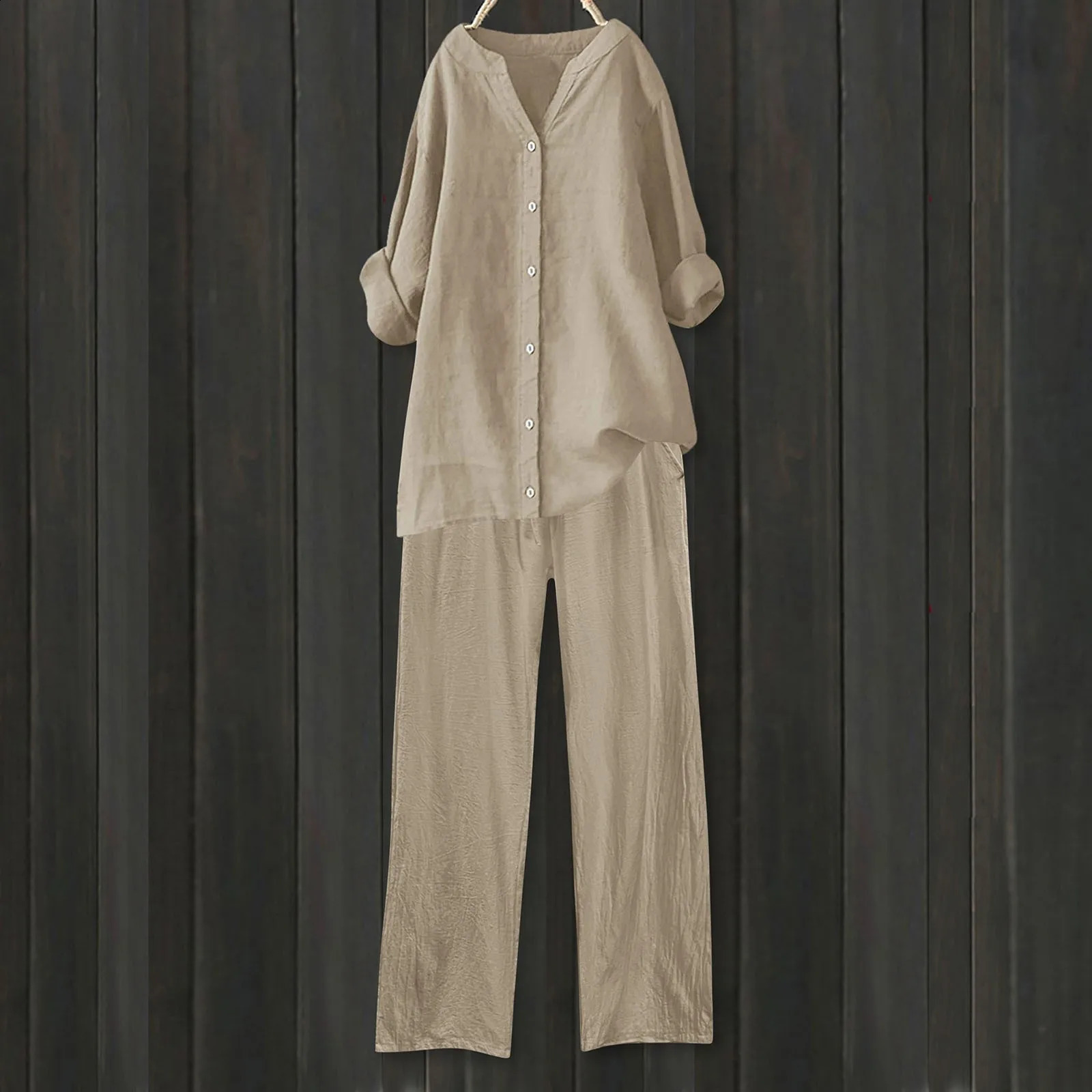 Cotton linen set womens 2-piece set wide leg elastic pants Trouser casual V-neck shirt fashionable solid single 240821