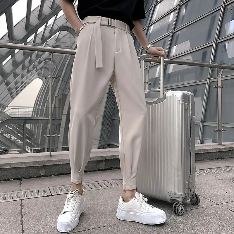 Harlan Trousers for Men Plus Big Size White Pleated with Belt 9 Cropped Elegant Up Stylish Man Suits Pants Korean Style Clothes 240820