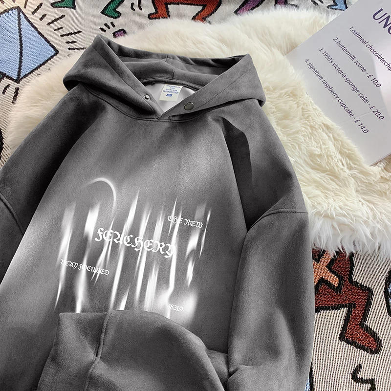 Gothic Letter Printed Suede Hoodie Mens Fall Oversize Hooded Sweatshirt Street Style Couple Hoodie Pullover 240821