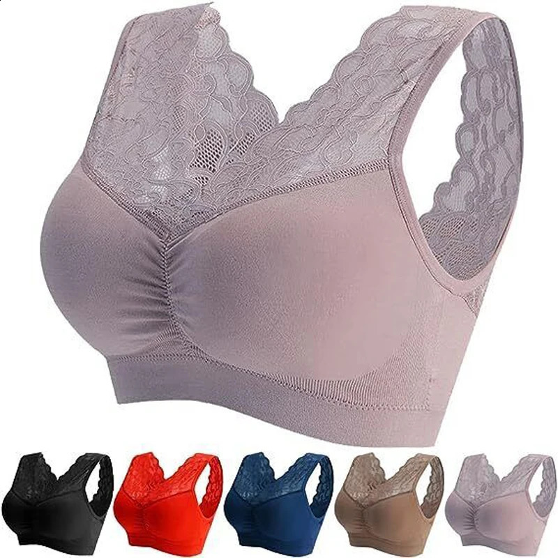 Sexy Lace Bras for Women Perspective Full Cup Solid Color Brassiere VNeck Seamless Crop Top Female Push Up Breathable Lingerie 240820