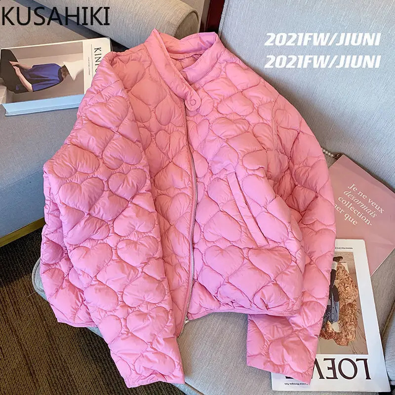 KUSAHIKI Fashion Cute Women Pink Jacket Winter Warm Zipperr Stand Neck Coats Parkas 2023 Short Jackets Parka 240821