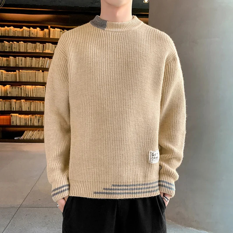 Mens Fashion Trend Knitted Irregular Splicing Sweater Comfortable Round Neck Pullover Warm and Casual Sports Sweater 240821