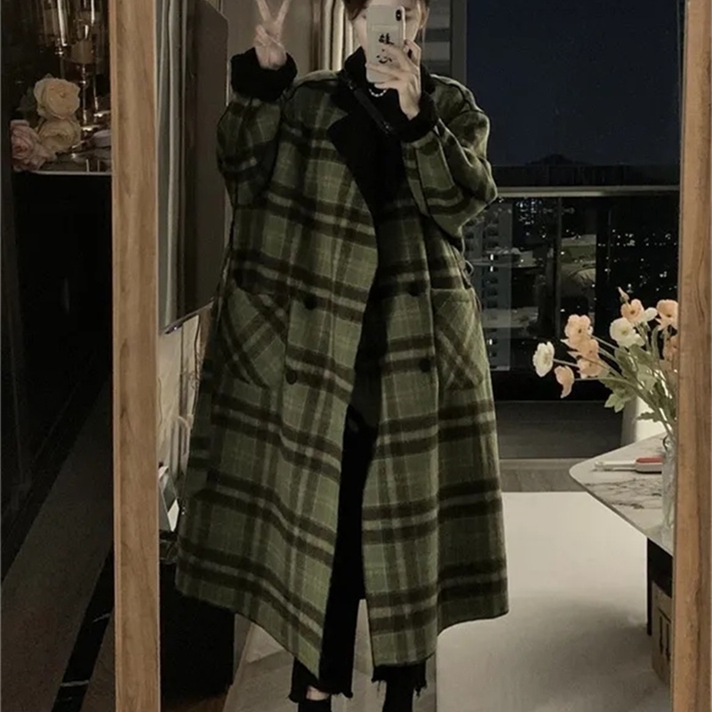 Retro Loose Simple Slim Plaid Medium Long Coat Womens Winter Thickened Loose Double Wear Long Sleeve Woolen Coat 240820