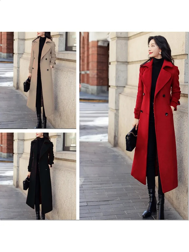 Freeacy Autumn and Winter Womens Coat Solid Color Lapel Long Sleeve Woolen Coat Buttoned Stylish Long Outerwear 240820