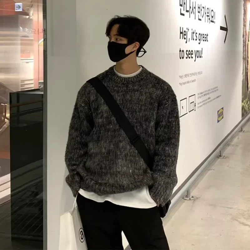 Men Panelled Sweater Autumn Winter Top O Neck Thick Warm Pullover Knitwear Japanese Chic Male Casual Jumper 240821