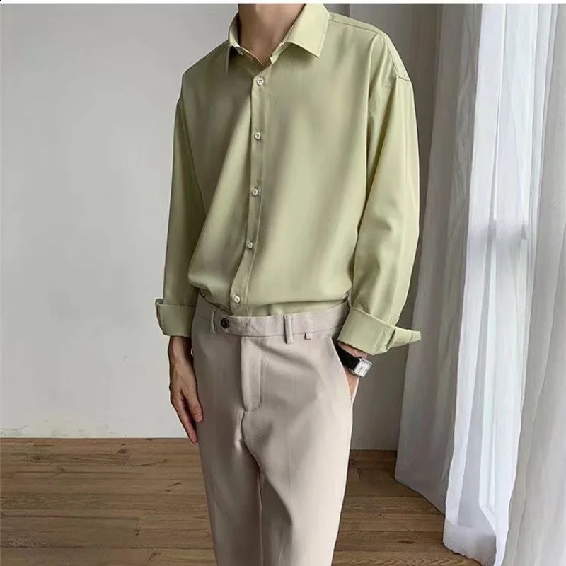 Spring Korean Version Long Sleeve Lapel Mens Clothing Solid Color Casual Lapel Single-breasted Youth Korean Version Shirt 240820