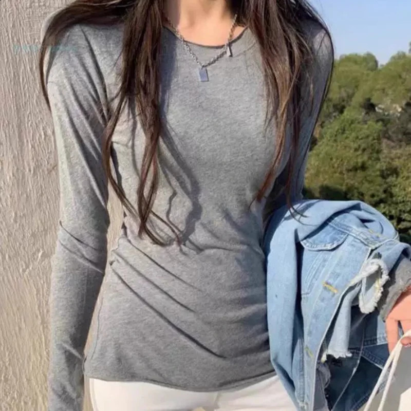 Spring Autumn Korean Style T Shirt For Women Thin Tops Solid Slim Long Sleeve O Neck Tshirts Female Casual Tee Shirt Femme 240821