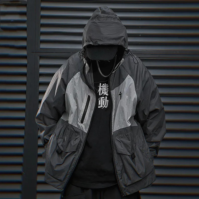 2024 Spring Summer Techwear Style Hip Hop Hooded Jacket Sun Protection Clothing Men Patchwork Functional Quick Dry Skin Coat 240820