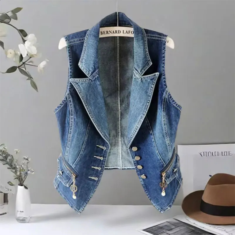 Cowboy collar single chest zipper sleeveless womens vest short sleeved jacket Korean fashion jacket 2024 240821