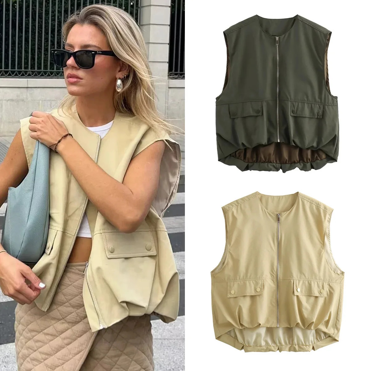 2024 Spring/Summer Womens Round Neck Tank Top Solid Color Womens Zipper Belt Casual Chic Top Womens Loose Sleeveless Coat 240821