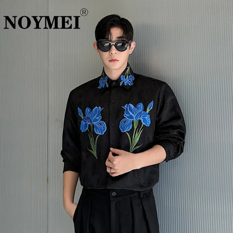 NOYMEI Korean Style Autumn Shirt Mens Lapel Long Sleeve Single-breasted Embroidery Flower Fashion Blouses WA5638 240820