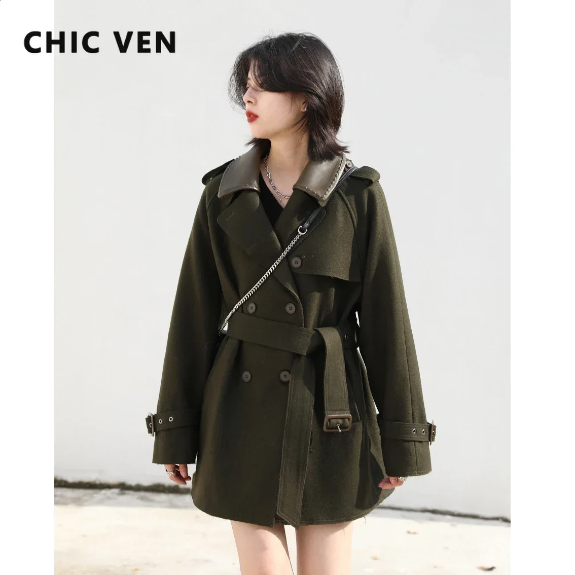 CHIC VEN Fashion Womens Coat Belt Woolen Solid Jacket Warm Thick Overcoat Office Lady Windbreak Female Top Outwear Winter 240820