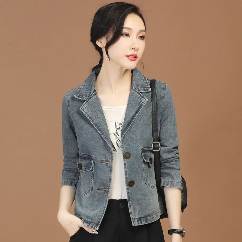 Korean Trendy Spring Autumn Denim Coat Womens Casual Cropped Baseball Jersey Style Collar Tweed Jacket Arrival 240820